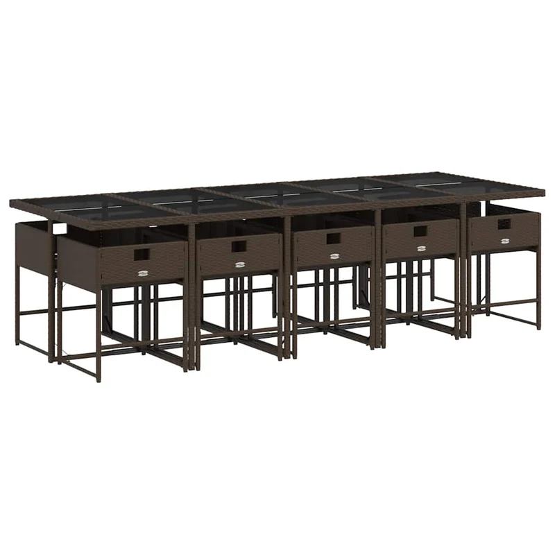 11 Piece Garden Dining Set with Cushions Brown Poly Rattan