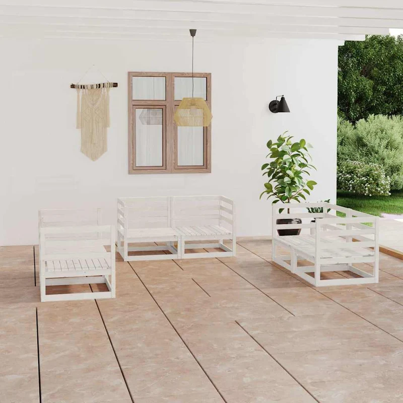 6 Piece Garden Lounge Set White Solid Wood Pine