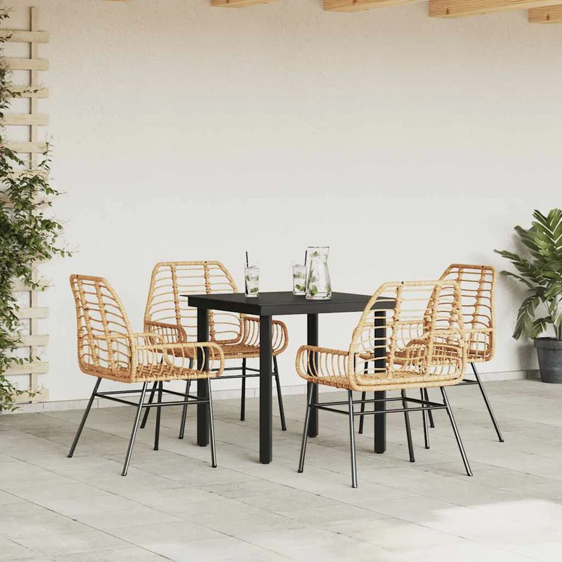 5 Piece Garden Dining Set Brown Poly Rattan Glass