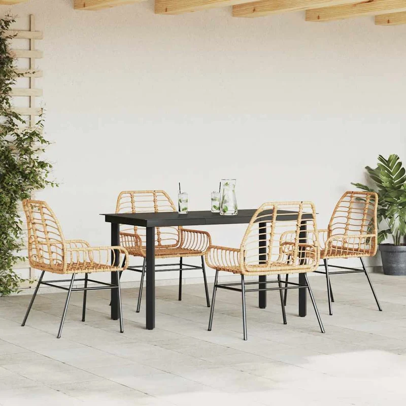 5 Piece Garden Dining Set Brown Poly Rattan Glass