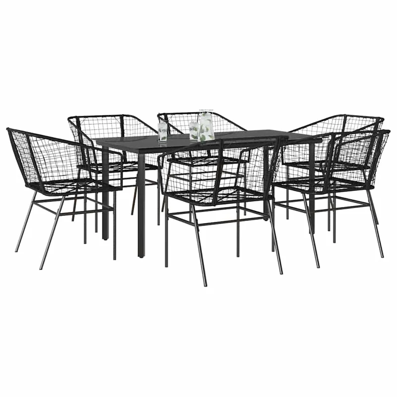 7 Piece Garden Dining Set Black Poly Rattan Glass