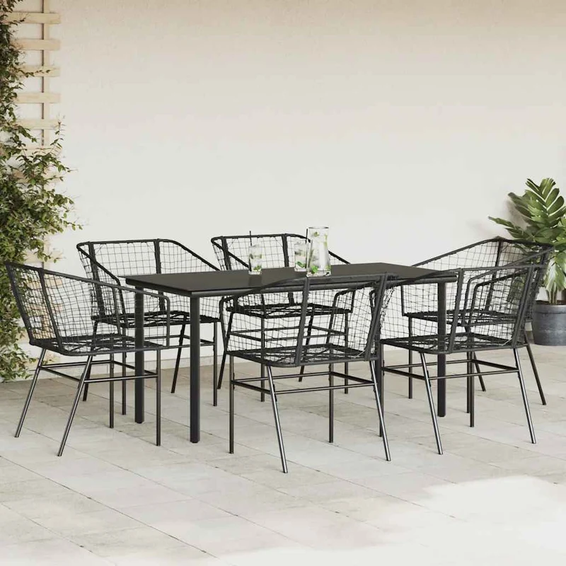 7 Piece Garden Dining Set Black Poly Rattan Glass