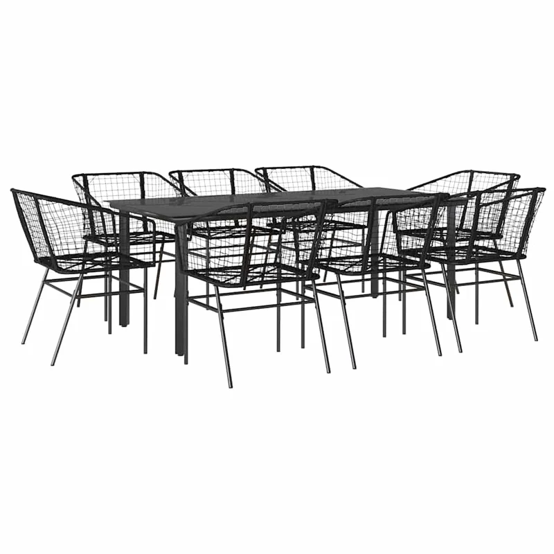 9 Piece Garden Dining Set Black Poly Rattan Glass