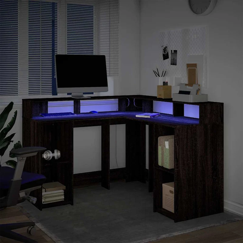 Desk with LED Lights Brown Oak 130x130x91 cm Engineered Wood