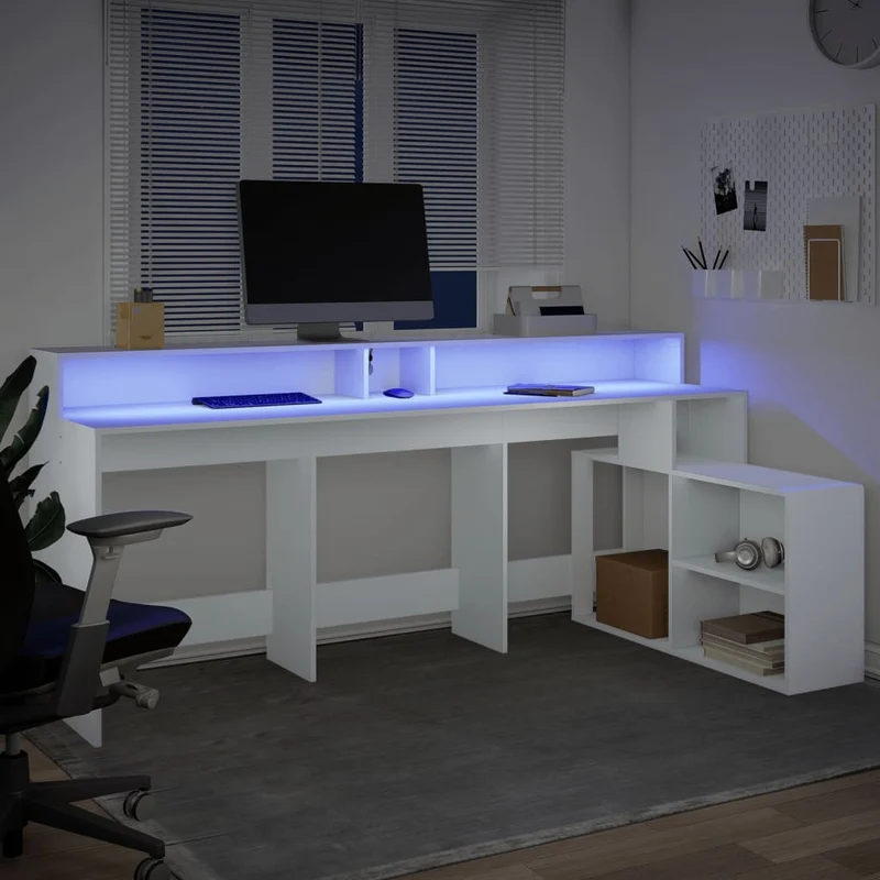 Desk with LED Lights White 200x104x91 cm Engineered Wood