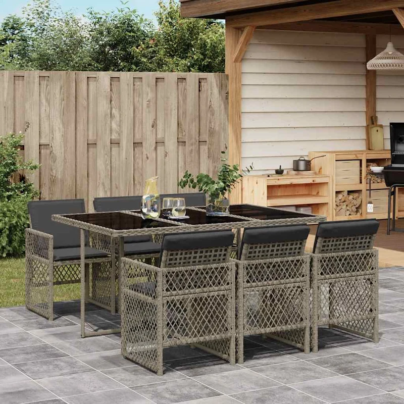 7 Piece Garden Dining Set with Cushions Grey Poly Rattan