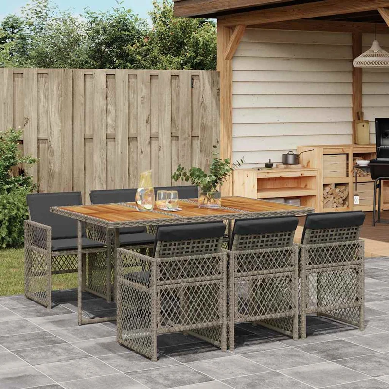 7 Piece Garden Dining Set with Cushions Grey Poly Rattan
