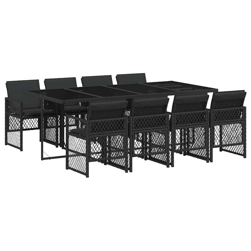 9 Piece Garden Dining Set with Cushions Black Poly Rattan