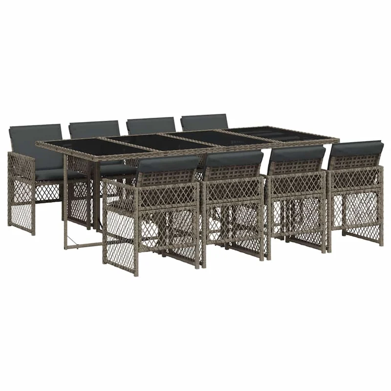 9 Piece Garden Dining Set with Cushions Grey Poly Rattan
