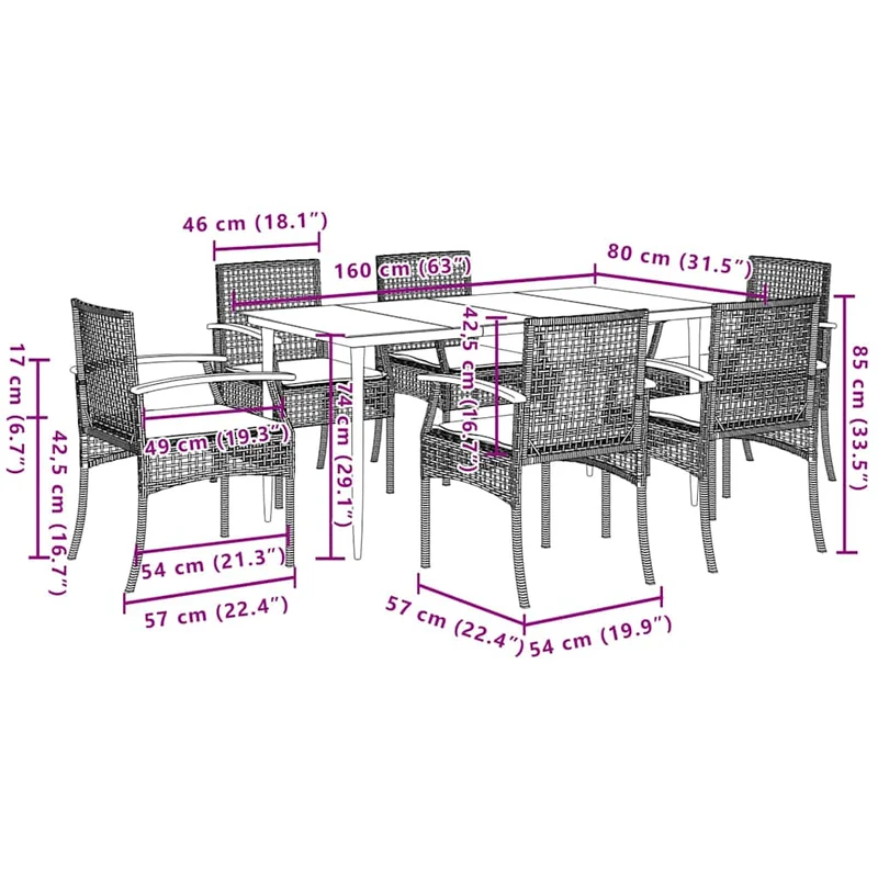 7 Piece Garden Dining Set with Cushions Grey Poly Rattan