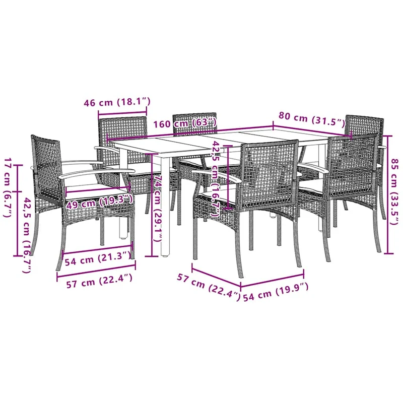 7 Piece Garden Dining Set with Cushions Grey Poly Rattan