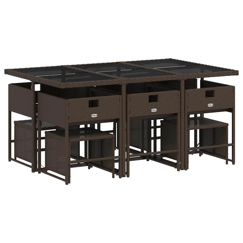11 Piece Garden Dining Set with Cushions Brown Poly Rattan
