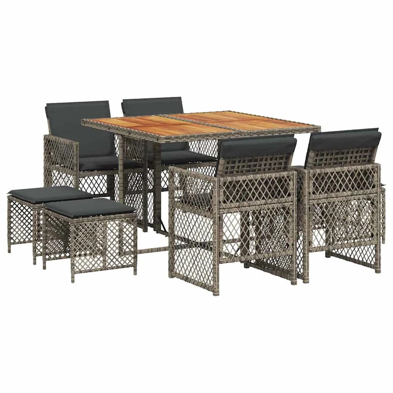 9 Piece Garden Dining Set with Cushions Grey Poly Rattan