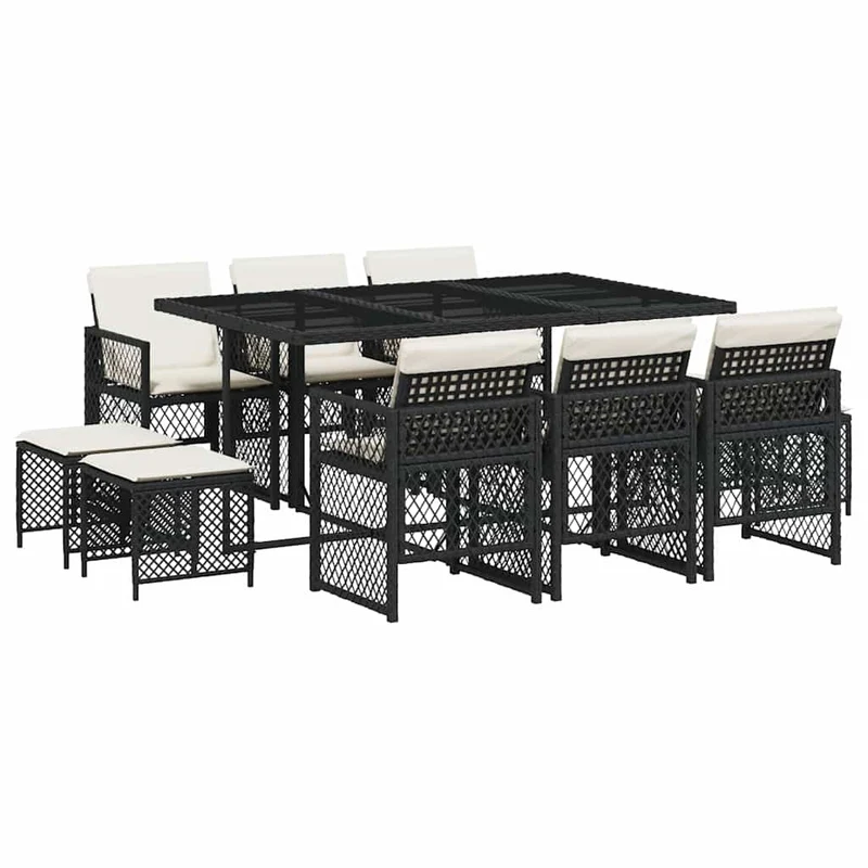 11 Piece Garden Dining Set with Cushions Black Poly Rattan