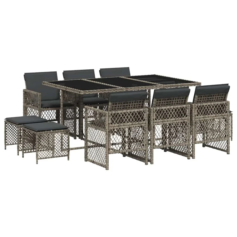 11 Piece Garden Dining Set with Cushions Grey Poly Rattan