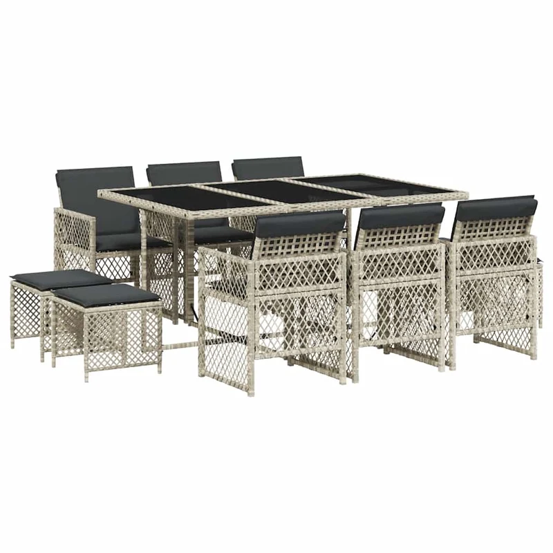 11 Piece Garden Dining Set with Cushions Light Grey Poly Rattan