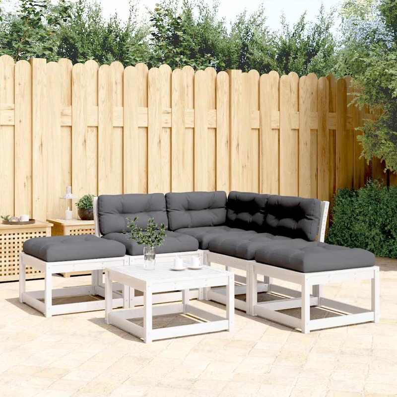 5 Piece Garden Sofa Set with Cushions White Solid Wood Pine
