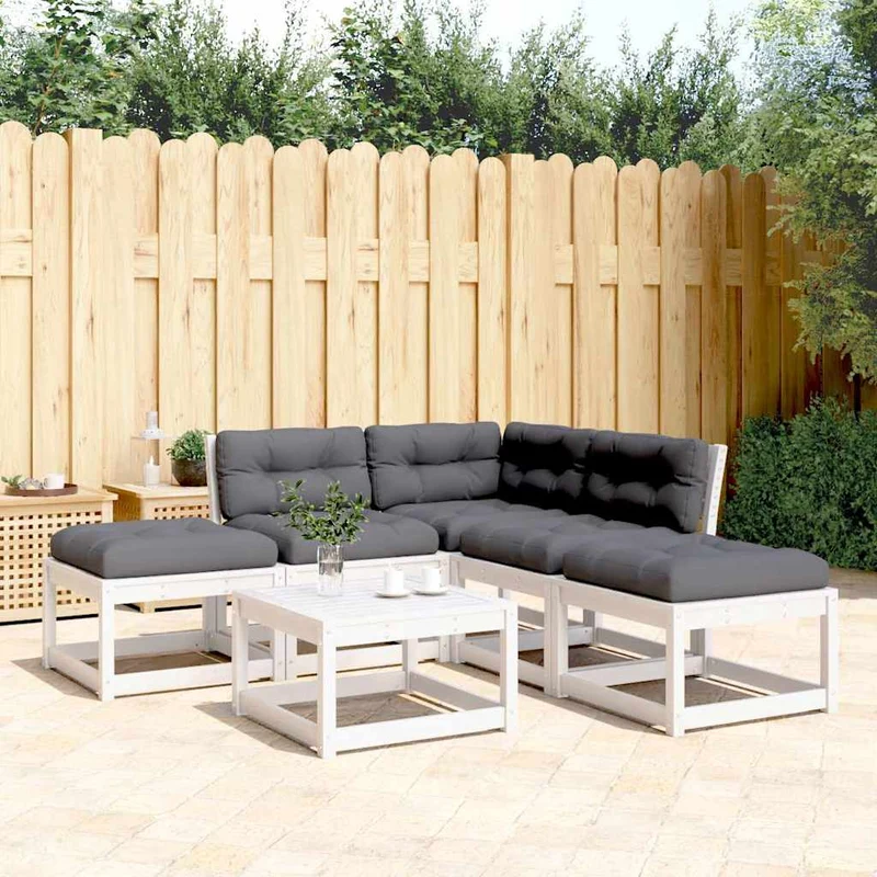 5 Piece Garden Sofa Set with Cushions White Solid Wood Pine