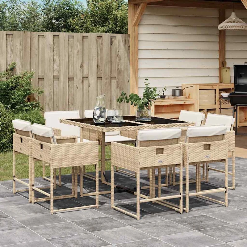 9 Piece Garden Dining Set with Cushions Beige Poly Rattan