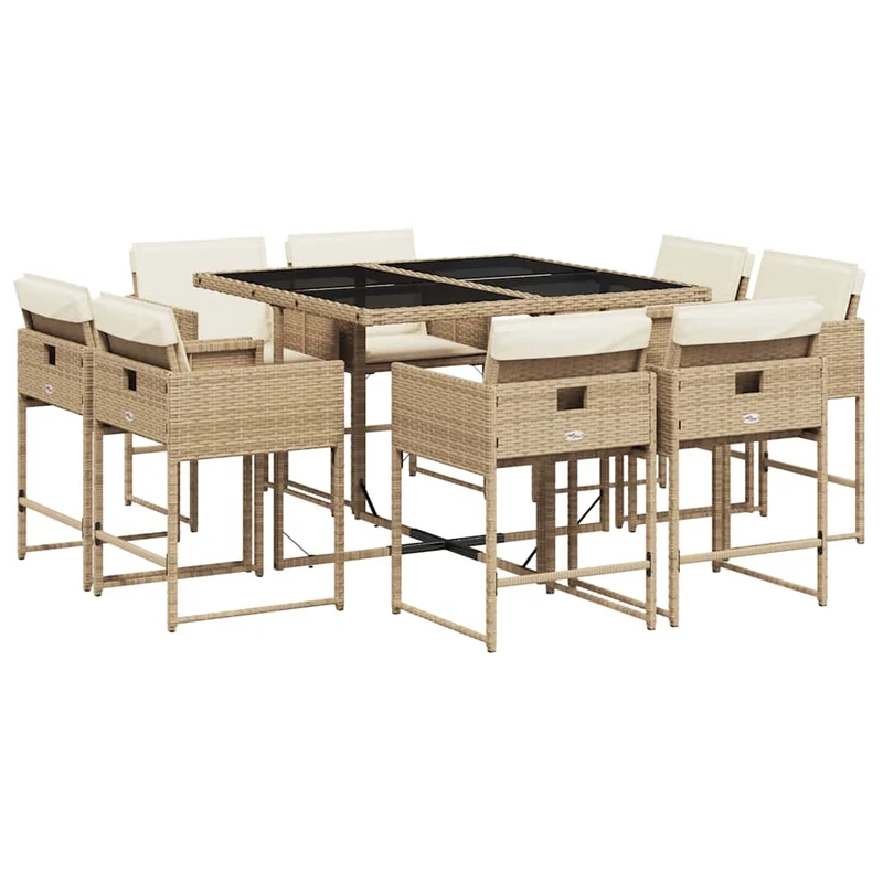 9 Piece Garden Dining Set with Cushions Beige Poly Rattan