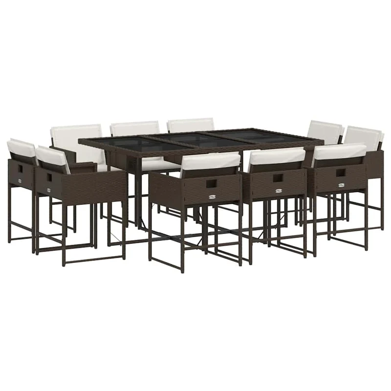 11 Piece Garden Dining Set with Cushions Brown Poly Rattan