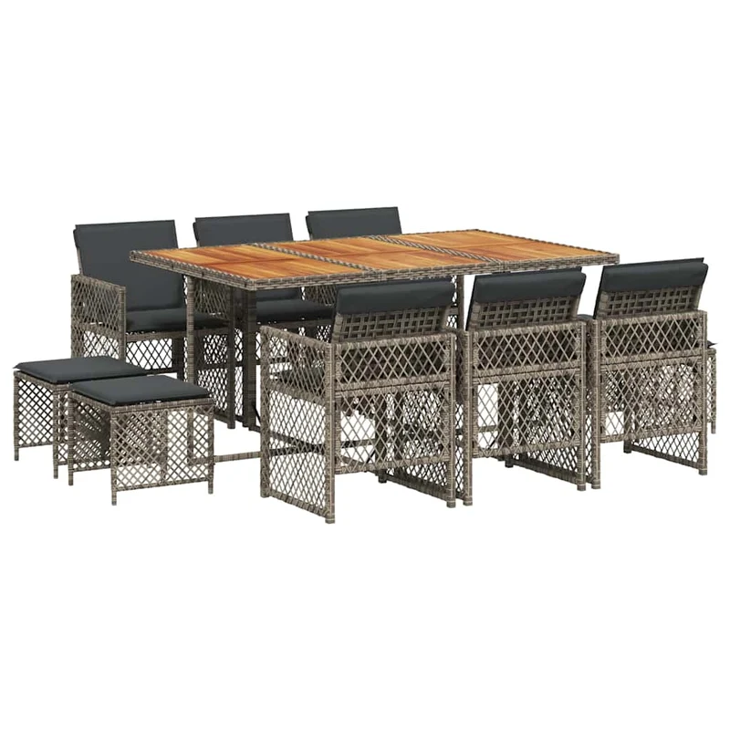 11 Piece Garden Dining Set with Cushions Grey Poly Rattan