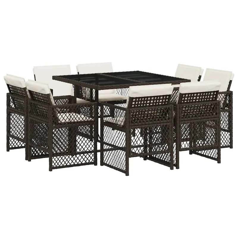 9 Piece Garden Dining Set with Cushions Brown Poly Rattan