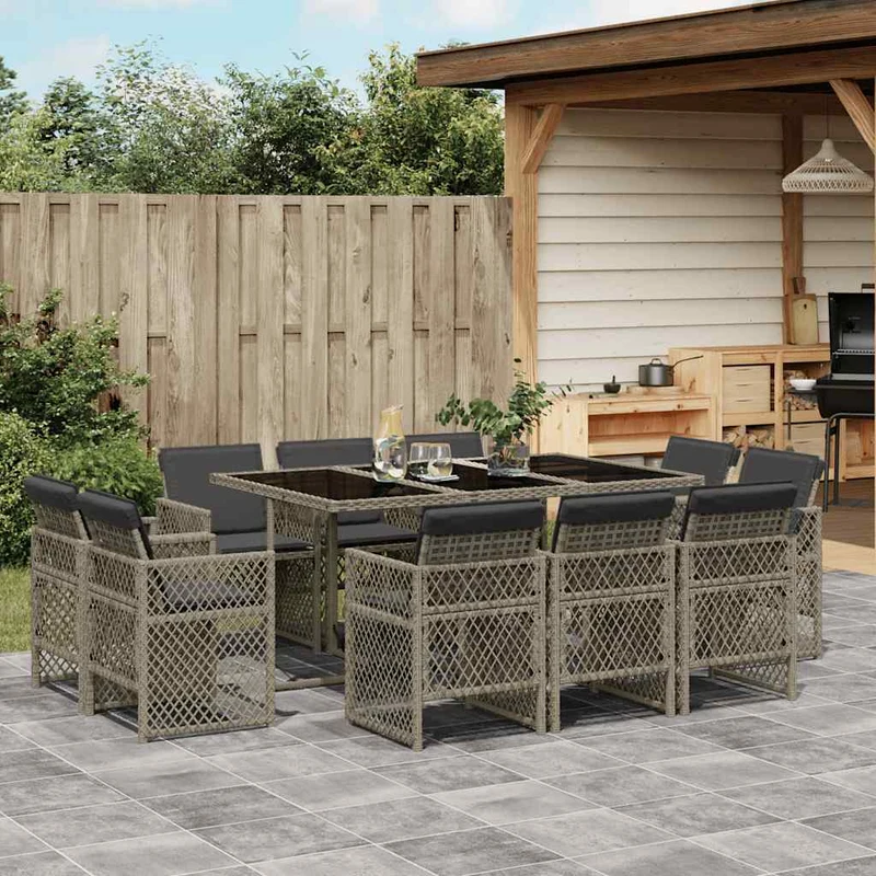11 Piece Garden Dining Set with Cushions Grey Poly Rattan
