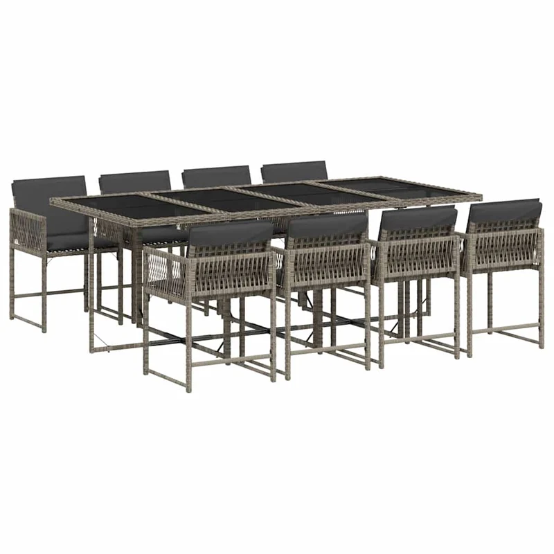 9 Piece Garden Dining Set with Cushions Grey Poly Rattan