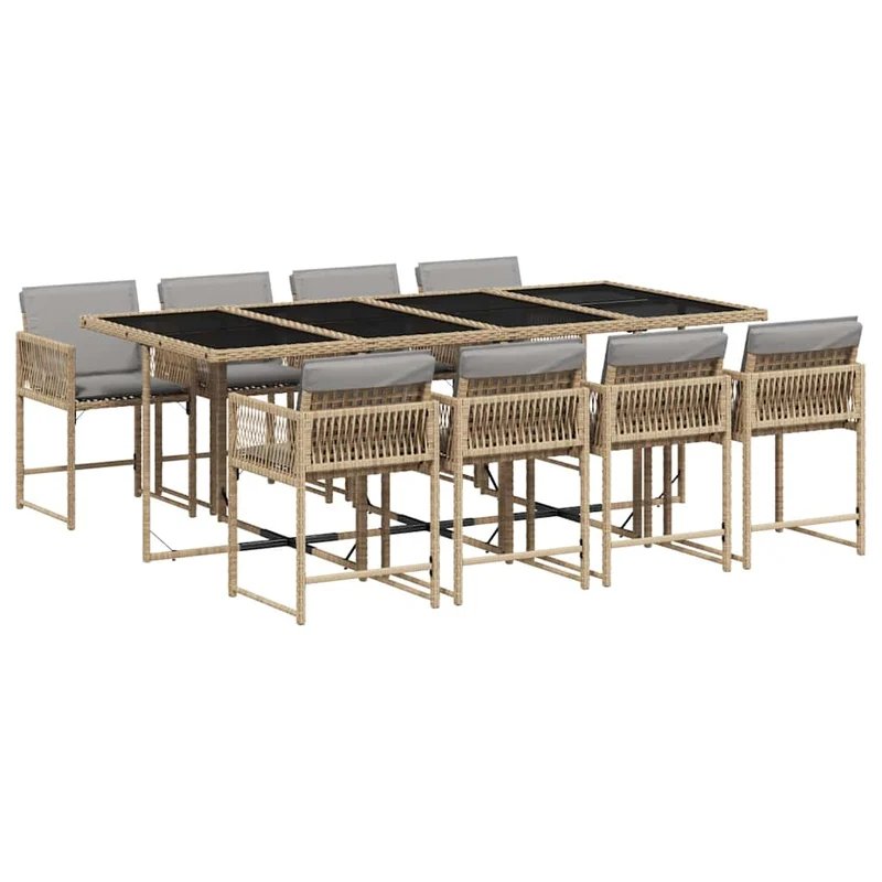 9 Piece Garden Dining Set with Cushions Mix Beige Poly Rattan