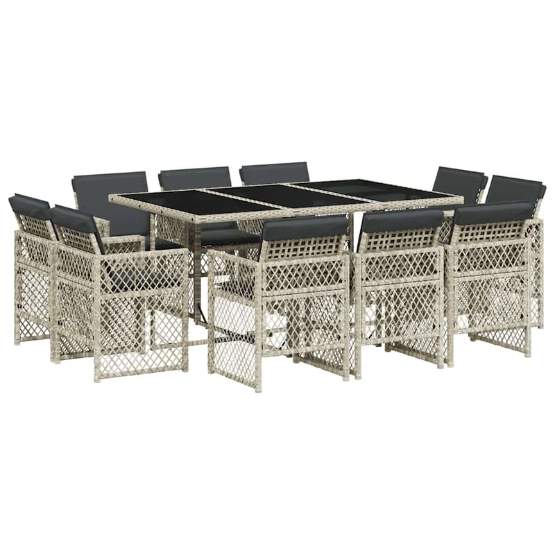 11 Piece Garden Dining Set with Cushions Light Grey Poly Rattan