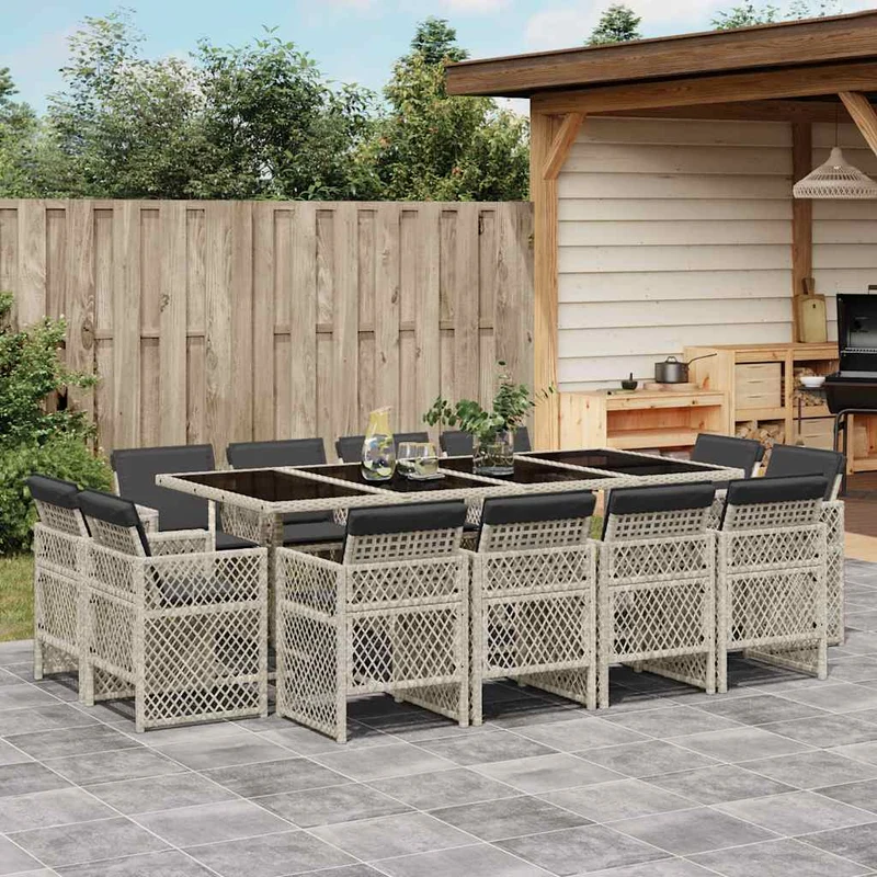 13 Piece Garden Dining Set with Cushions Light Grey Poly Rattan