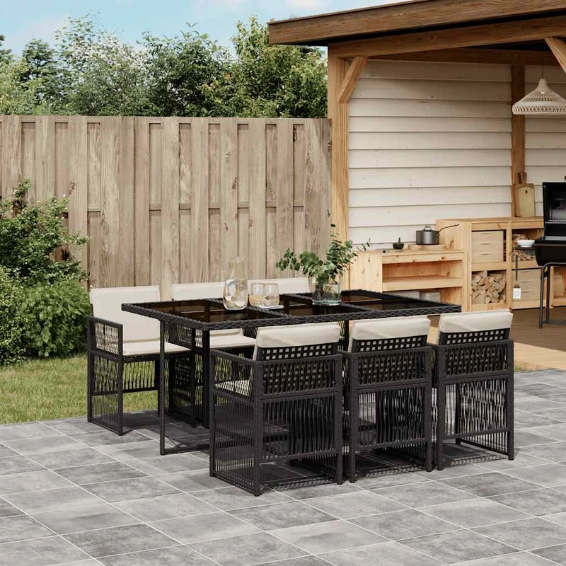 7 Piece Garden Dining Set with Cushions Black Poly Rattan