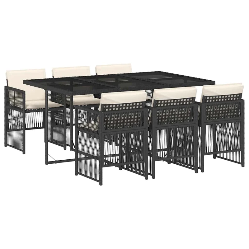 7 Piece Garden Dining Set with Cushions Black Poly Rattan