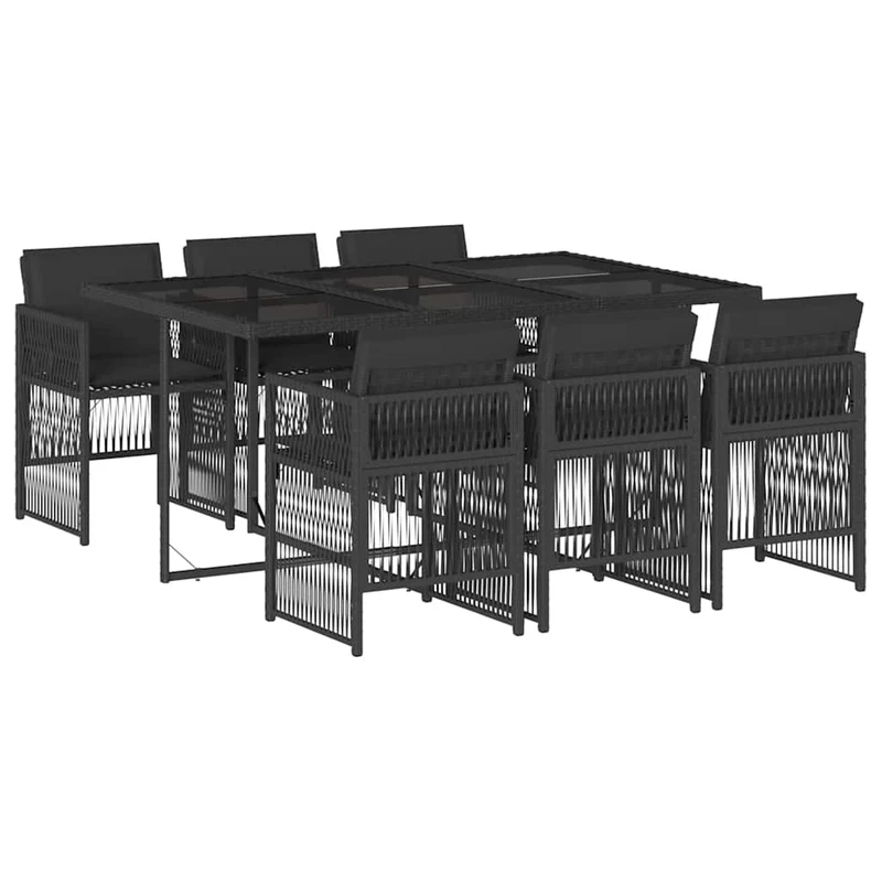 7 Piece Garden Dining Set with Cushions Black Poly Rattan