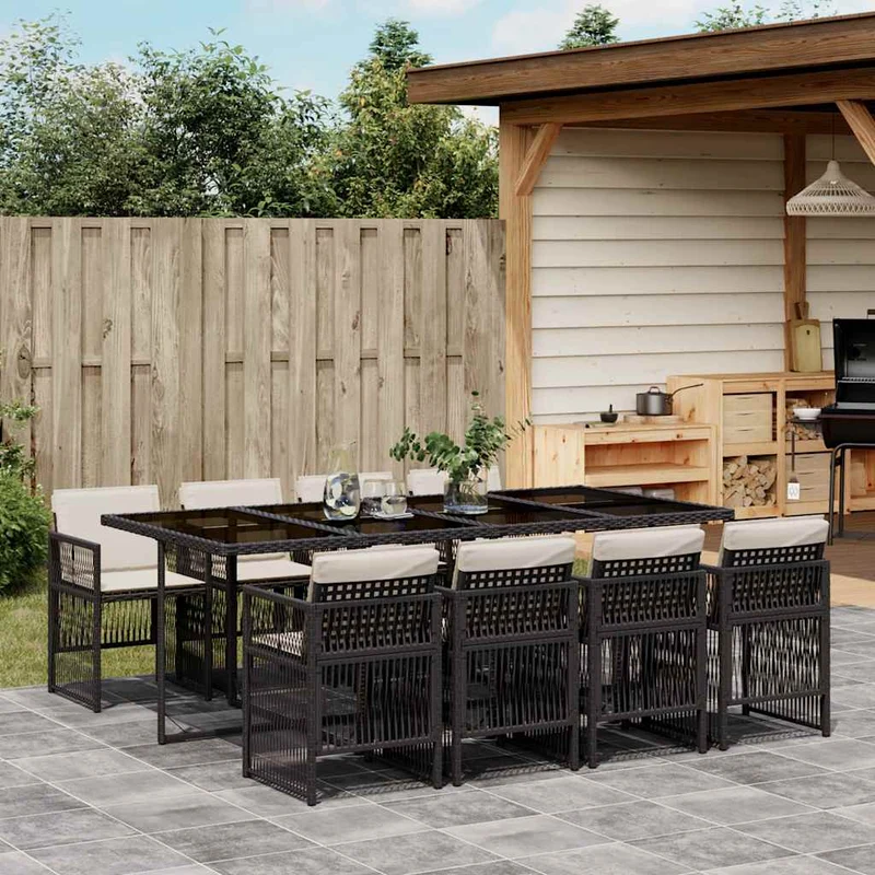9 Piece Garden Dining Set with Cushions Black Poly Rattan