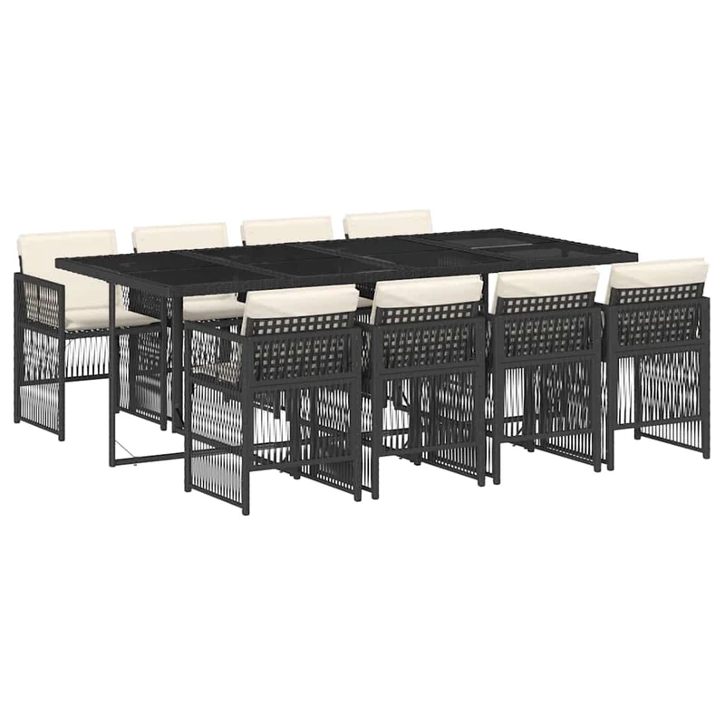 9 Piece Garden Dining Set with Cushions Black Poly Rattan
