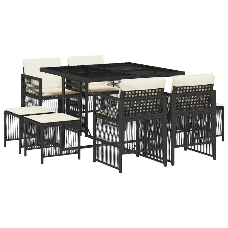 9 Piece Garden Dining Set with Cushions Black Poly Rattan