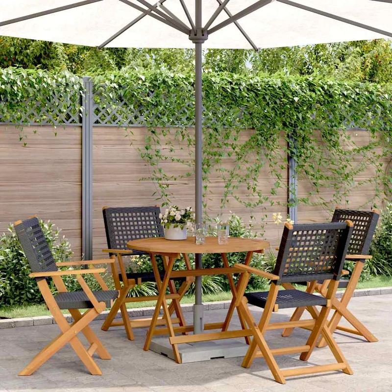 5 Piece Garden Dining Set Black Poly Rattan and Solid Wood