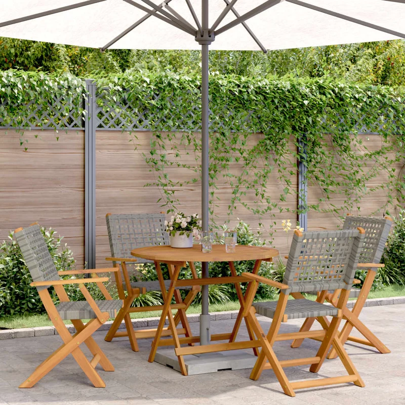 5 Piece Garden Dining Set Grey Poly Rattan and Solid Wood