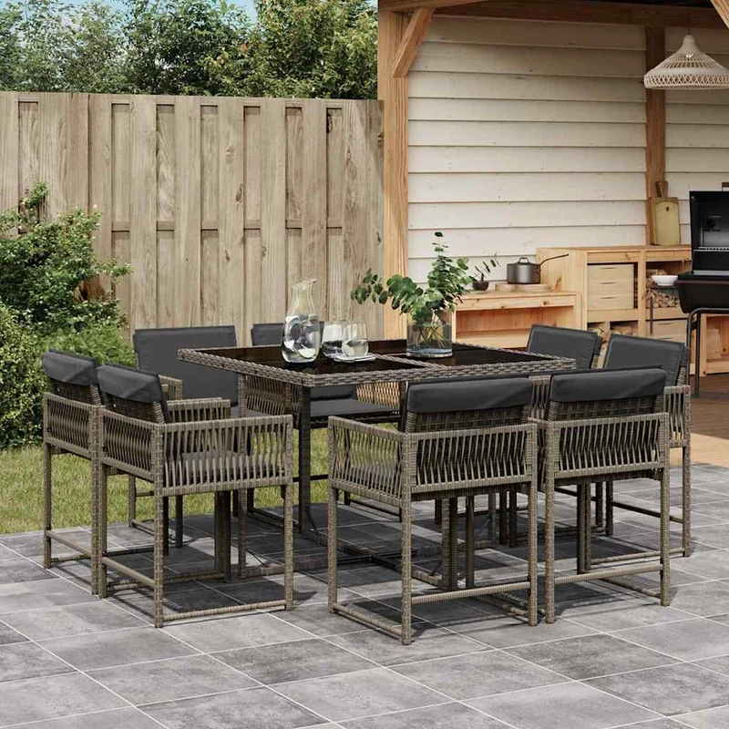 9 Piece Garden Dining Set with Cushions Grey Poly Rattan