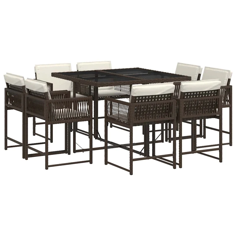 9 Piece Garden Dining Set with Cushions Brown Poly Rattan