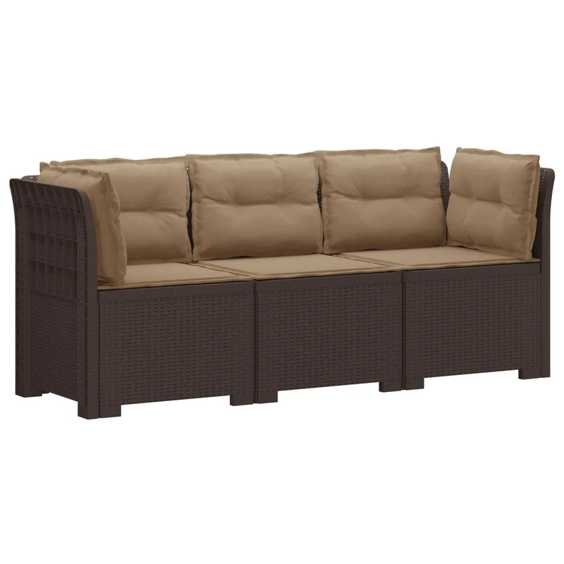 3-Seater Garden Sofa with Cushions Rattan Look PP Brown
