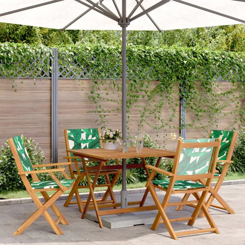 5 Piece Garden Dining Set Leaf Pattern Fabric and Solid Wood
