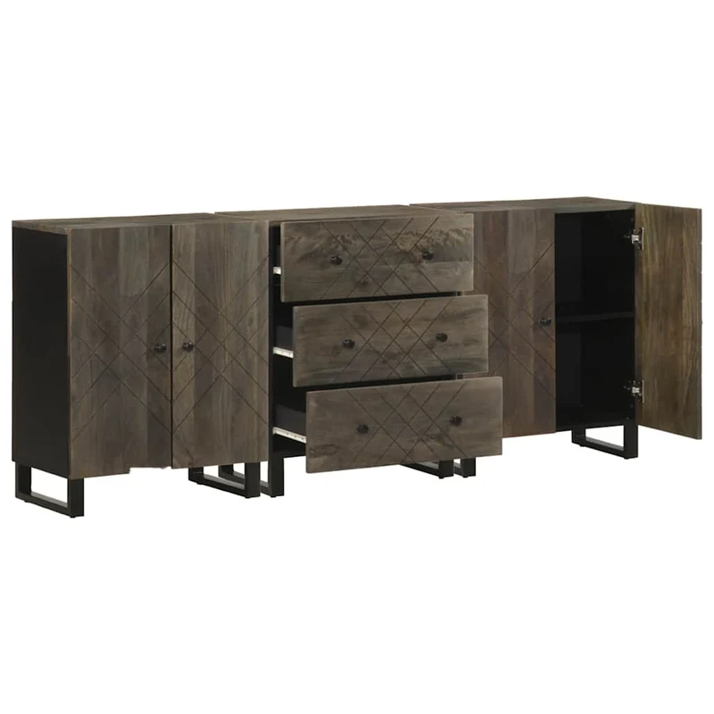 3 Piece Sideboards Black 60x33x75 cm Solid Wood Mango