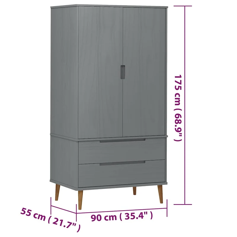 Wardrobe "MOLDE" Grey 90x55x175 cm Solid Wood Pine