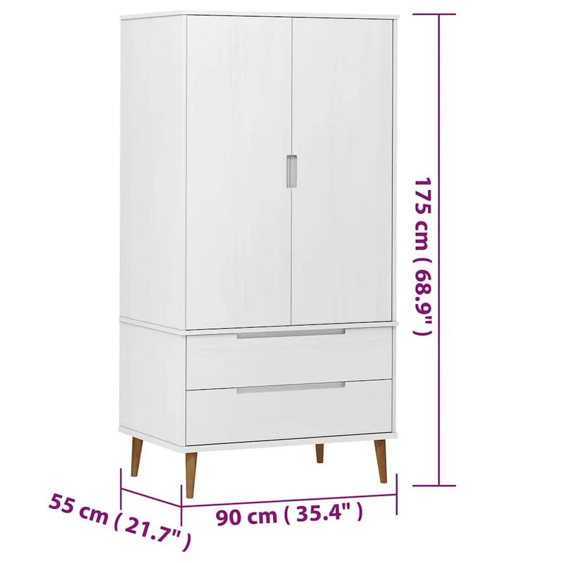 Wardrobe "MOLDE" White 90x55x175 cm Solid Wood Pine
