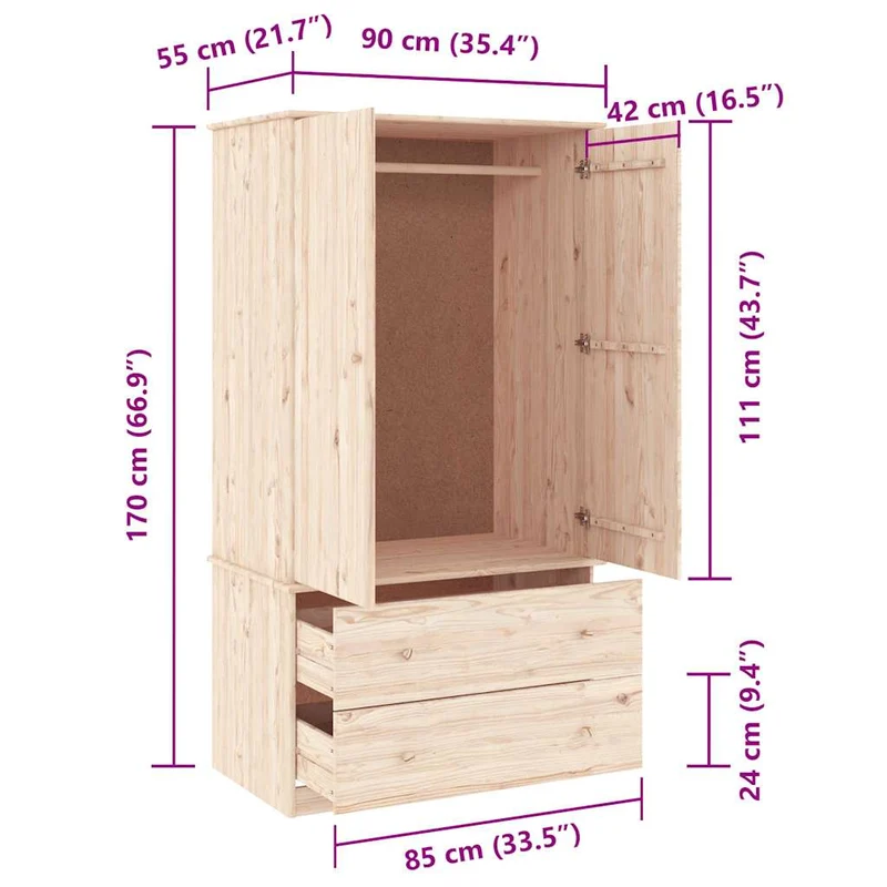 Wardrobe "ALTA" 90x55x170 cm Solid Wood Pine