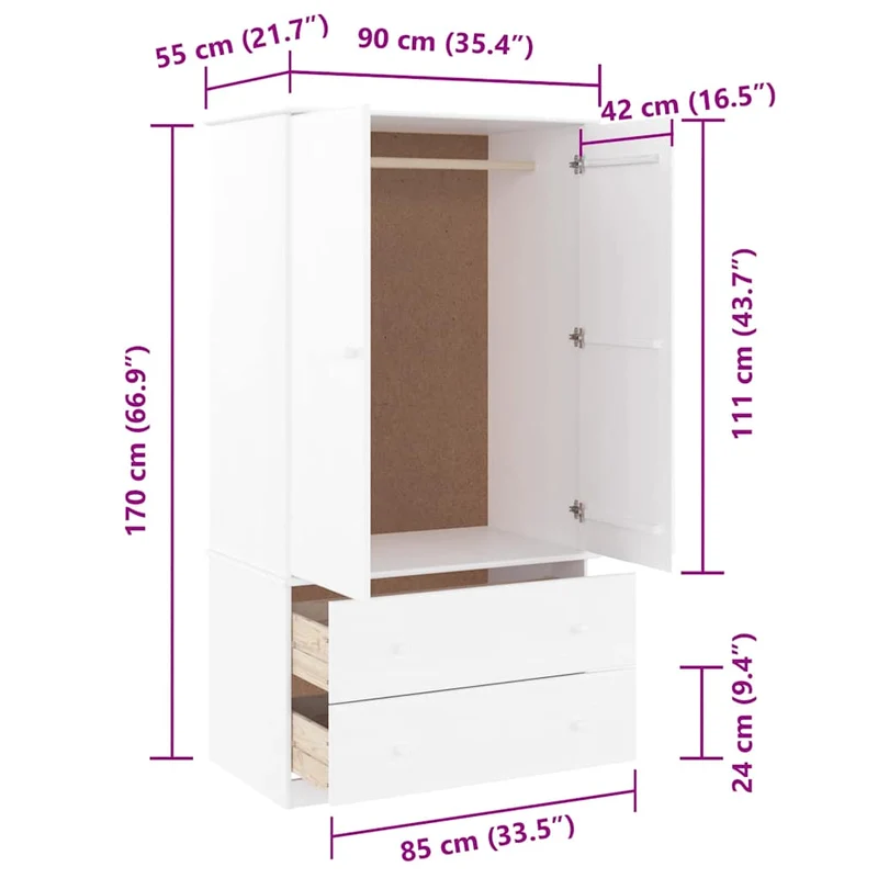 Wardrobe "ALTA" White 90x55x170 cm Solid Wood Pine