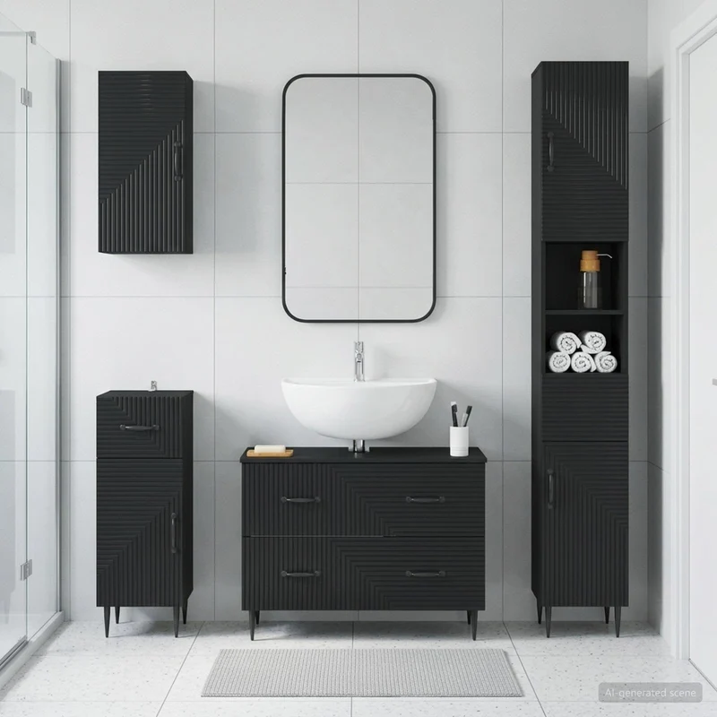 4 Piece Bathroom Cabinet Set HAARLEM Black Engineered Wood